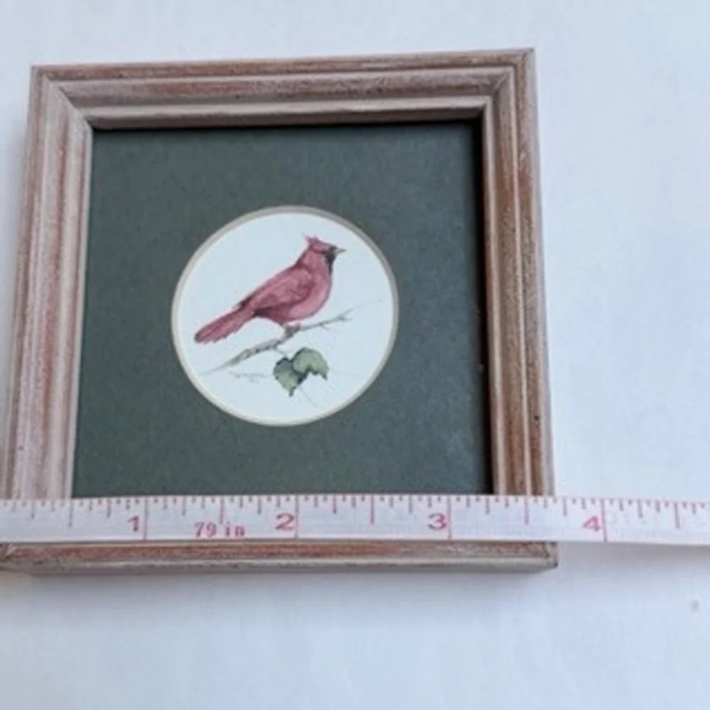 Vintage 1999 Framed Cardinal Bird Miniature Art Whitewash Wood Frame 3.75in